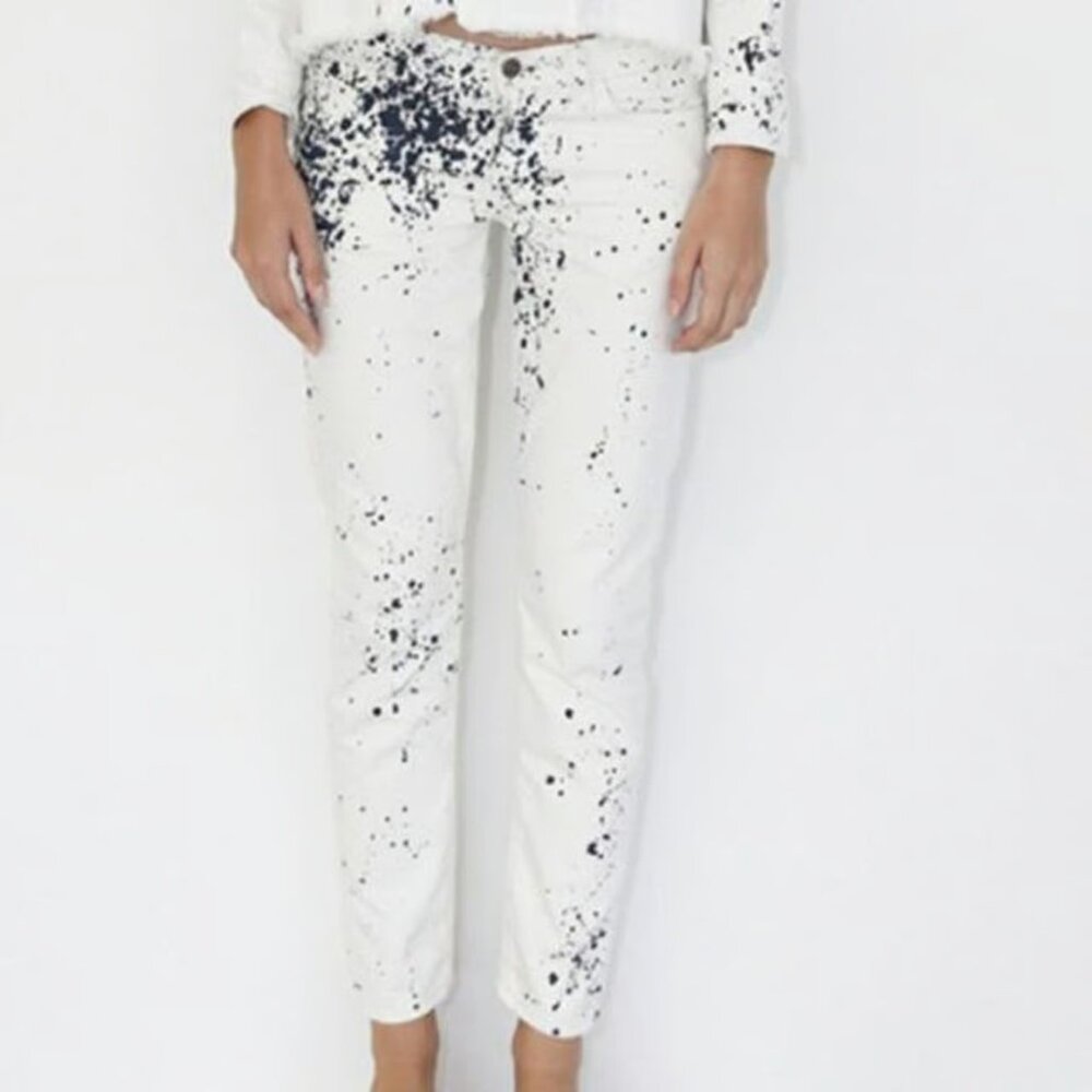 Simon Miller Palermo White Navy Paint Splatter Slim Boyfriend Denim Jeans Sz 25